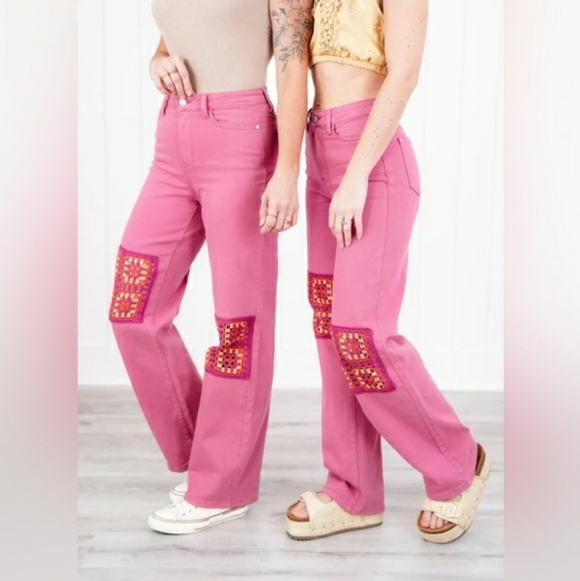 Judy Blue Denim - Judy Blue Pink Granny Square Denim Jeans 14W